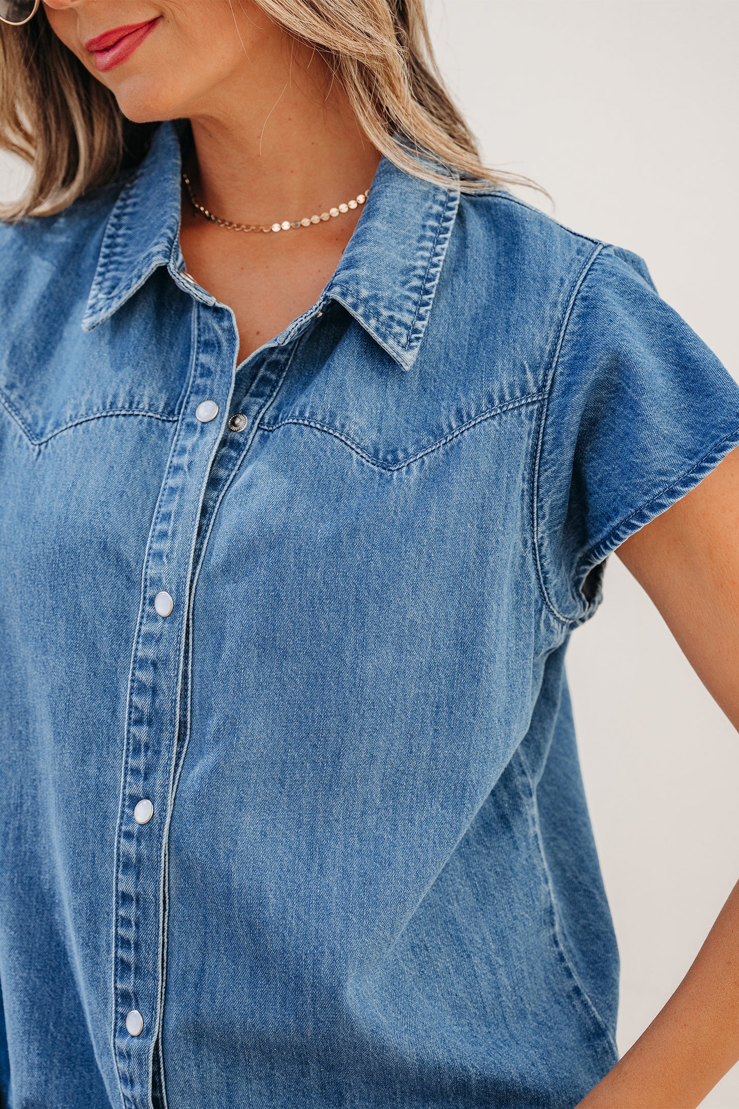 Dusk Blue Ruffled Short Sleeve Denim Shirt