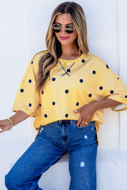 Beige Polka Dot Print Crossed Seam Detail Oversize Tee