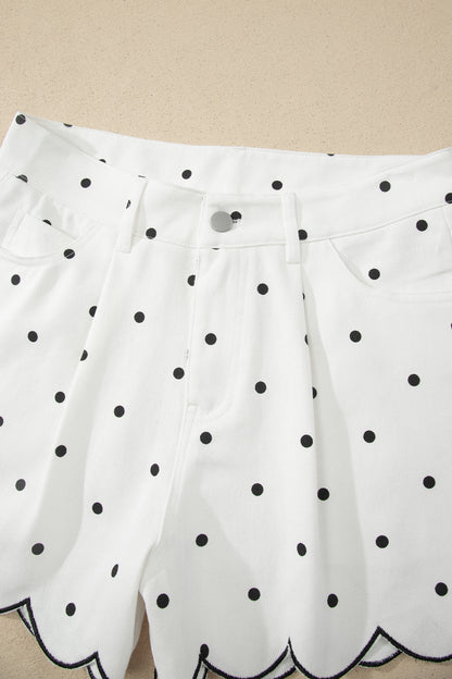 White Polka Dot Print Embroidered Scallop Hem Shorts