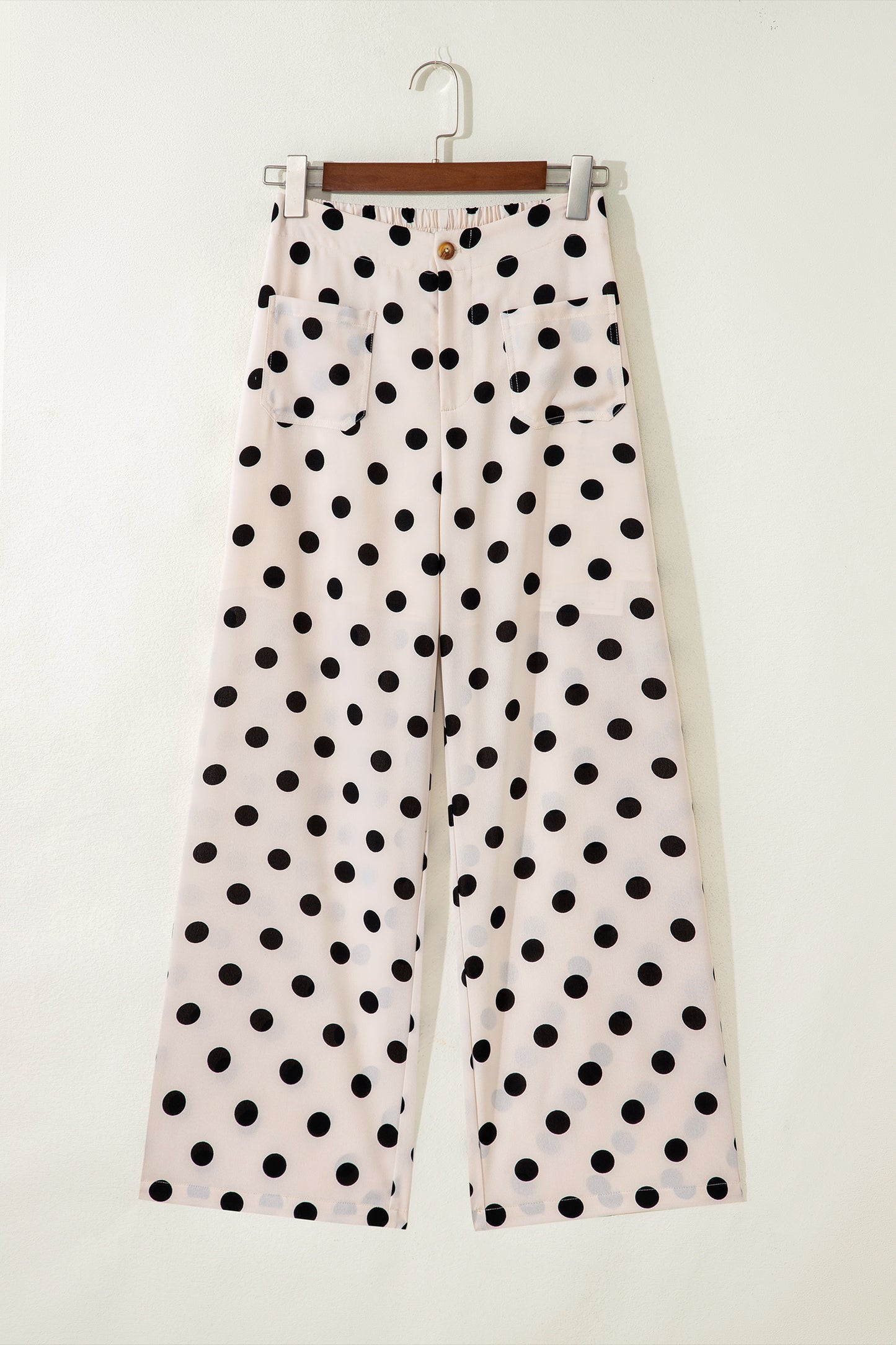 White Polka Dot Print Patched Pocket Mid-rise Straight Leg Pants