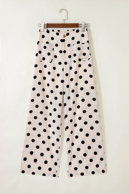 White Polka Dot Print Patched Pocket Mid-rise Straight Leg Pants