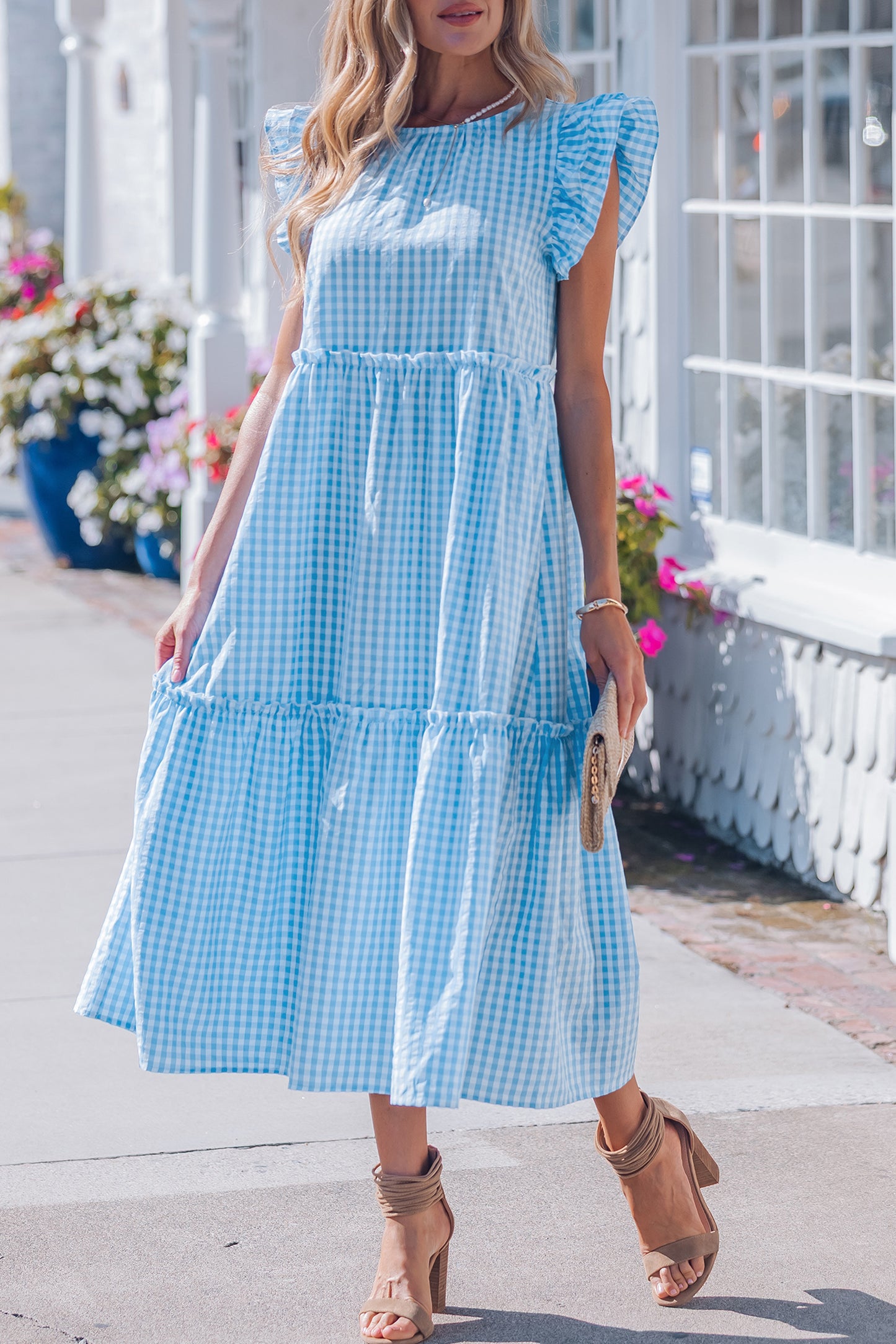 Sky Blue Knot Back Ruffled Short Sleeve Gingham Maxi Dress