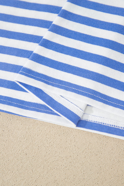 Sky Blue Stripe Contrast Trim Crew Neck Tee Knot Shorts 2pcs Set