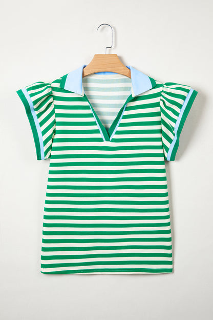 Blue Stripe Contrast Trim Polo Collar Ruffled Short Sleeve Blouse