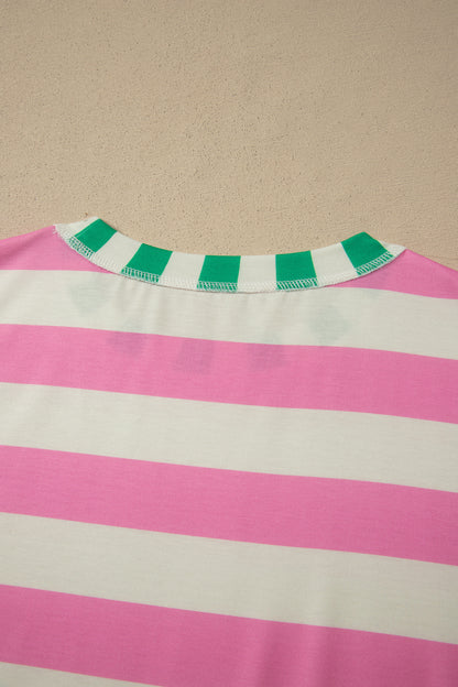 Pink Stripe Exposed Seam Contrast Patchwork Oversized Top