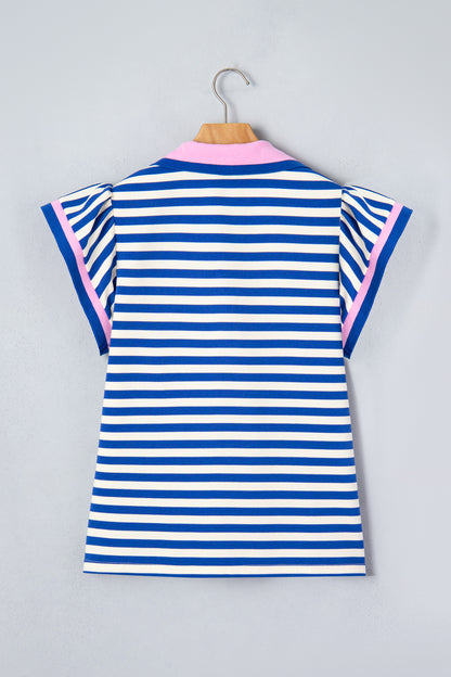Blue Stripe Contrast Trim Polo Collar Ruffled Short Sleeve Blouse