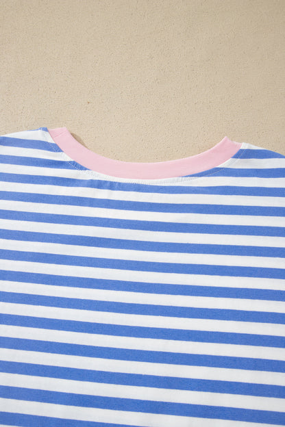 Sky Blue Stripe Contrast Trim Crew Neck Tee Knot Shorts 2pcs Set