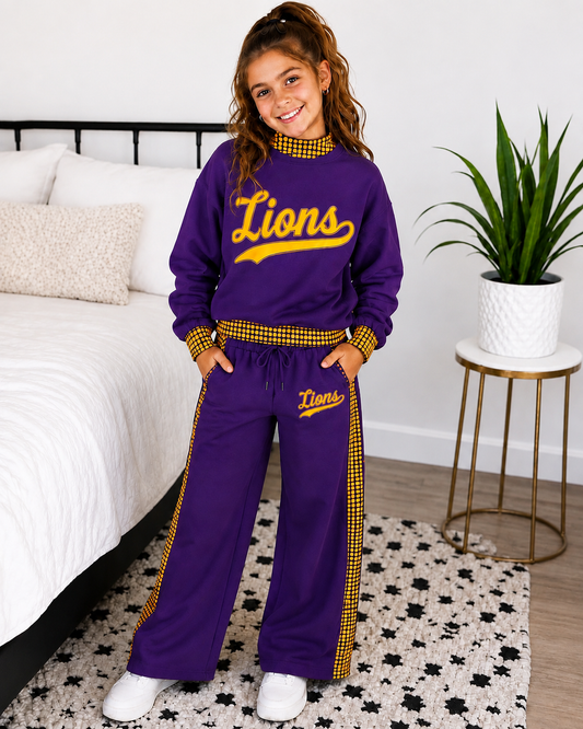 Mockneck Gingham Lion Set-Yellow/Purple