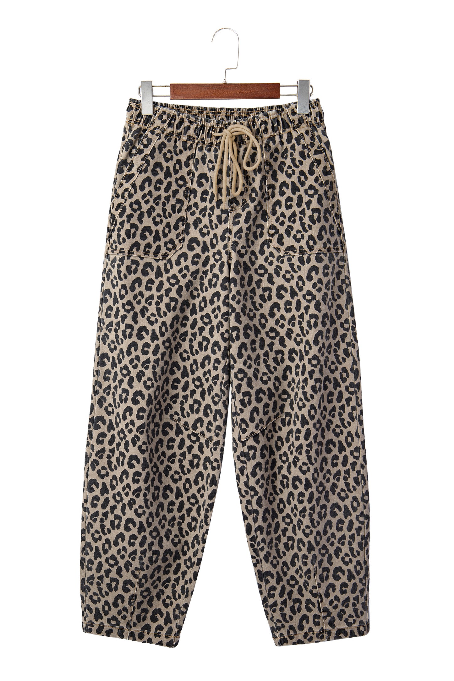 Khaki Leopard Print Drawstring Elastic Waist Loose Denim Pants with Pockets