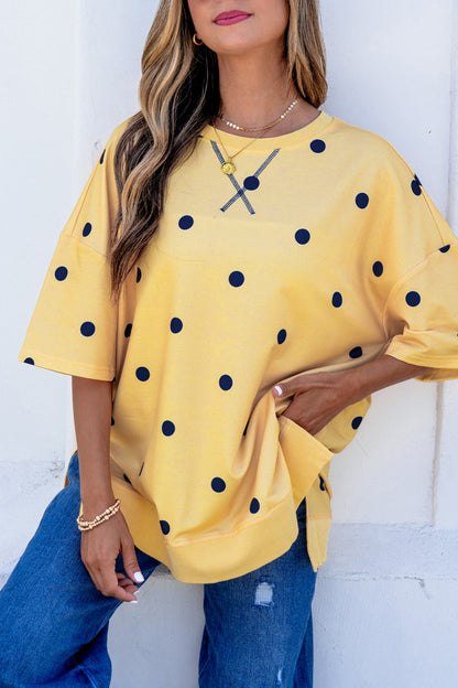 Beige Polka Dot Print Crossed Seam Detail Oversize Tee