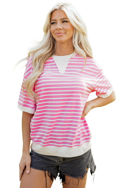 Pink Stripe Round Neck Drop Shoulder Short Sleeve Loose Top