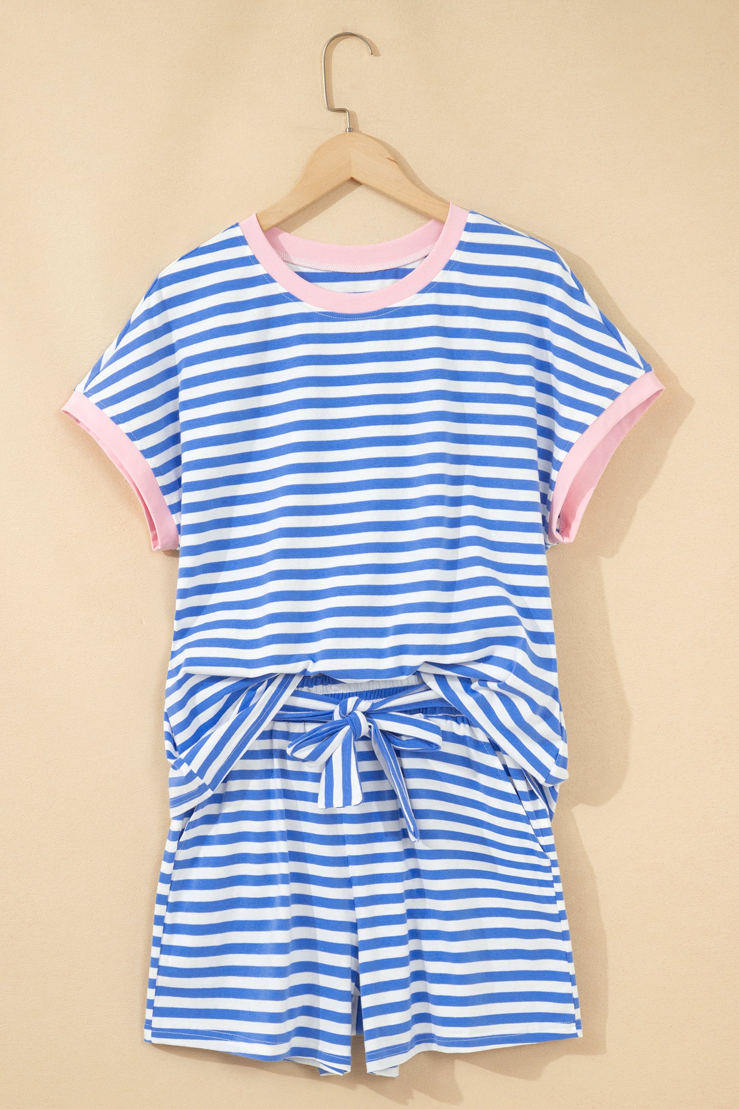 Sky Blue Stripe Contrast Trim Crew Neck Tee Knot Shorts 2pcs Set