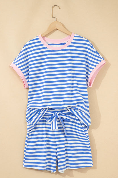 Sky Blue Stripe Contrast Trim Crew Neck Tee Knot Shorts 2pcs Set