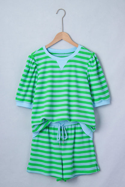 Green Stripe Puff Short Sleeve T Shirt Matching Shorts Set