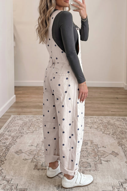 Phalaenopsis Polka Dot Print Bib Pocket Denim Barrel Overalls Jumpsuit