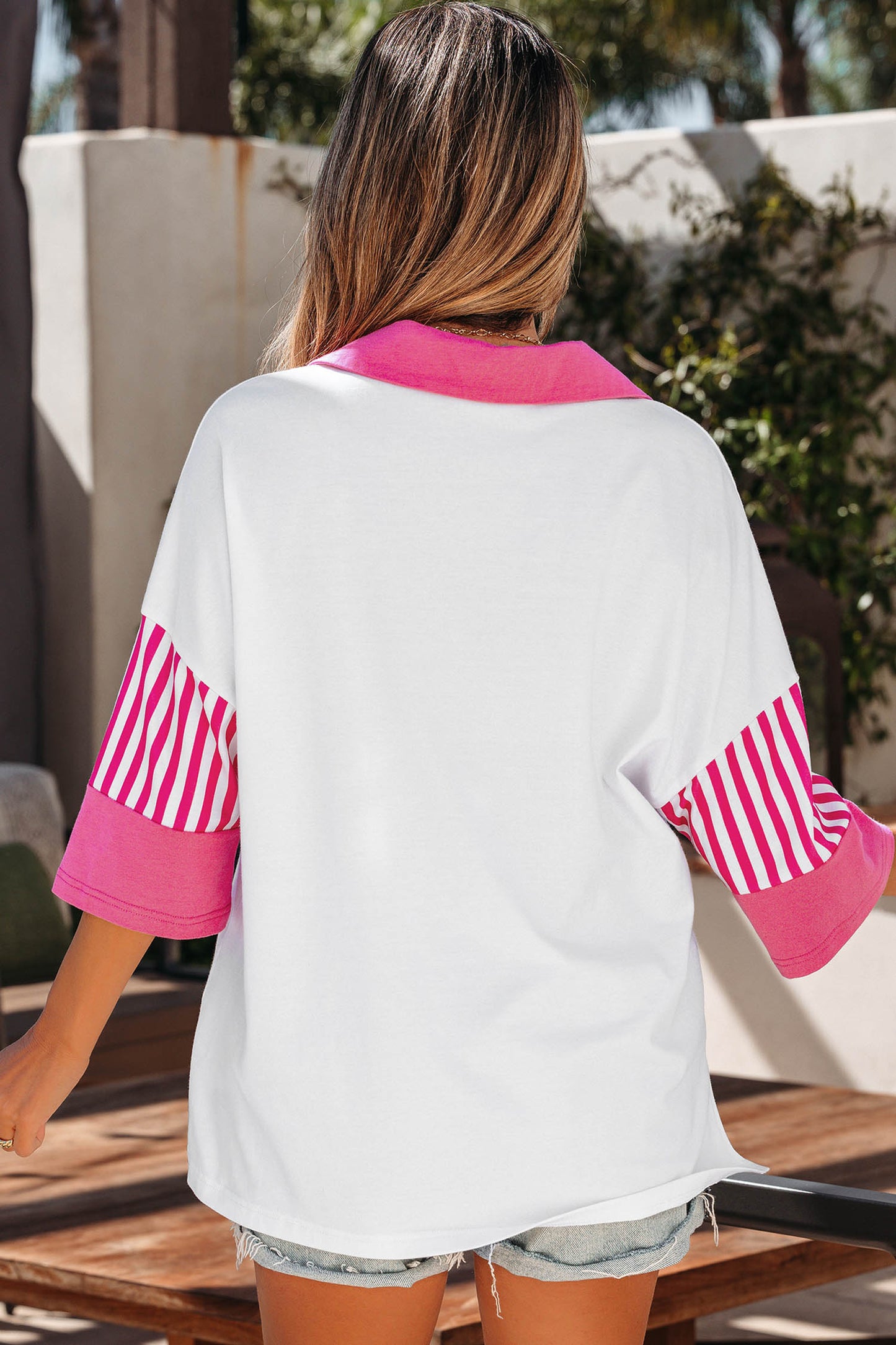 White Sequin Bow Pattern Striped Color Block Collar Half Sleeve Shift Top