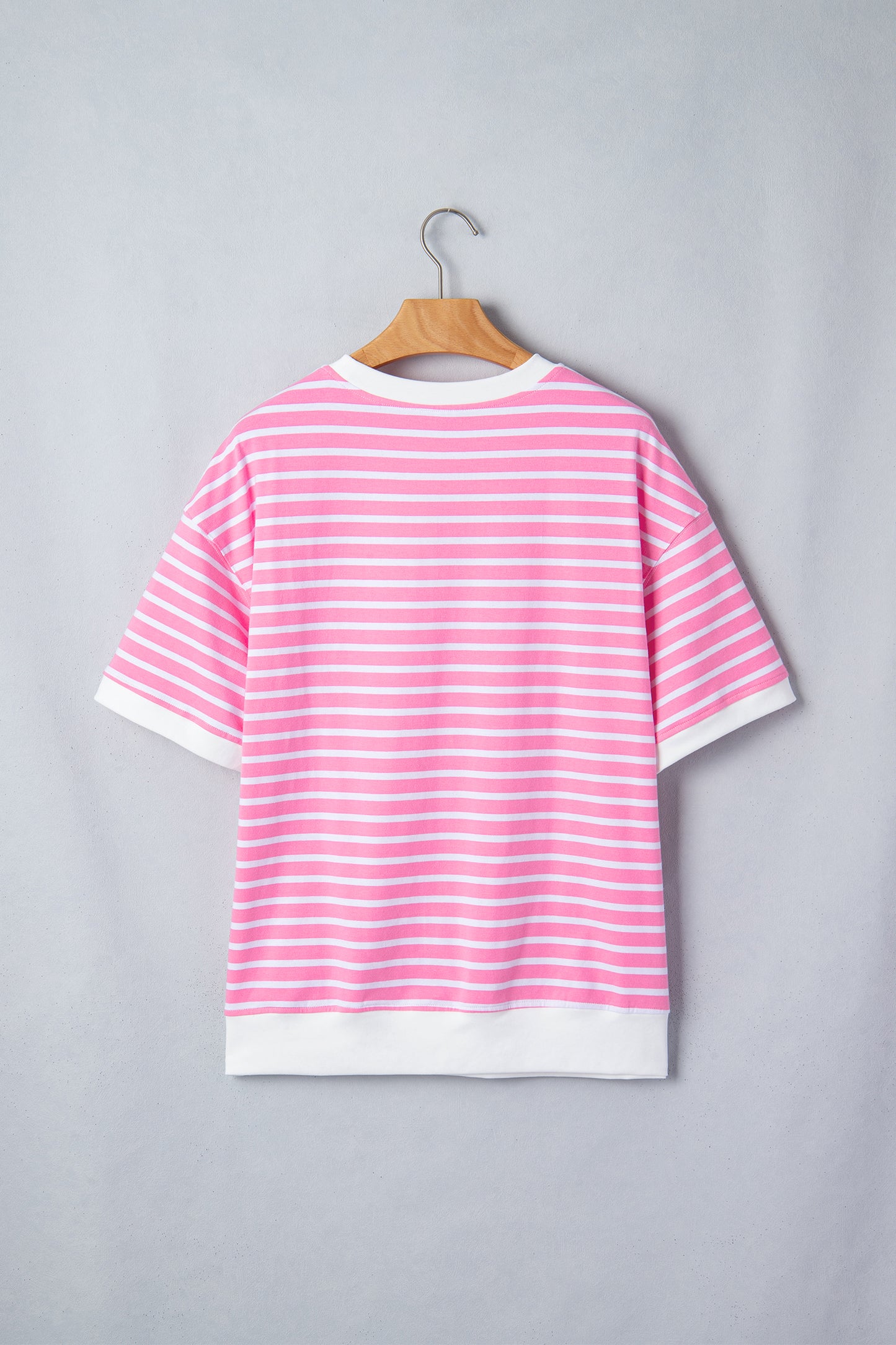 Pink Stripe Round Neck Drop Shoulder Short Sleeve Loose Top