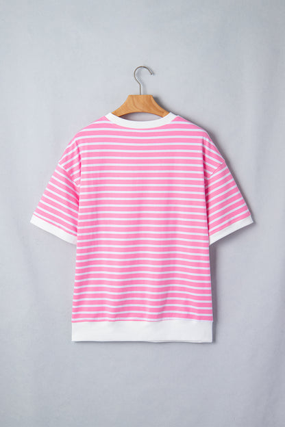 Pink Stripe Round Neck Drop Shoulder Short Sleeve Loose Top