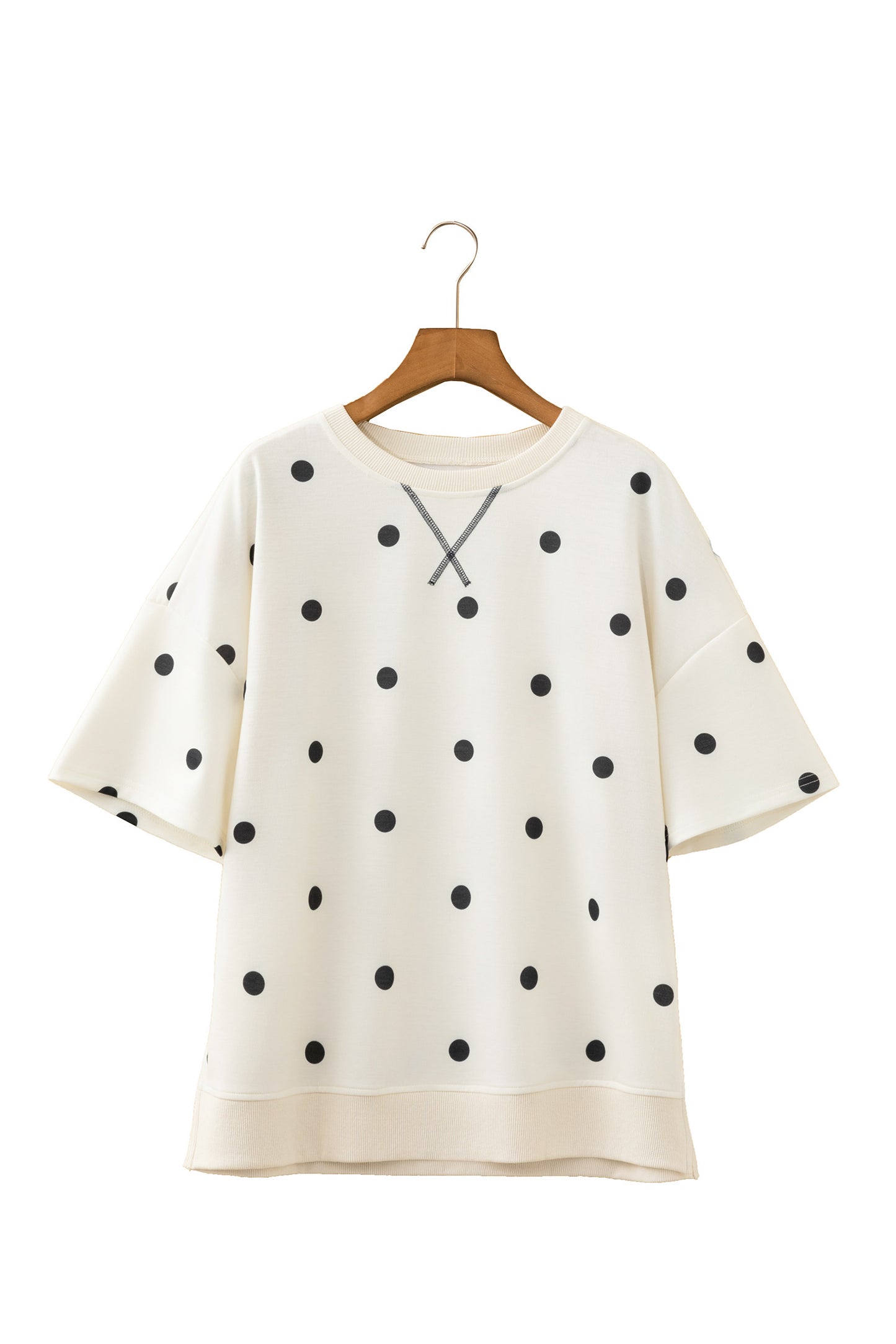 Beige Polka Dot Print Crossed Seam Detail Oversize Tee