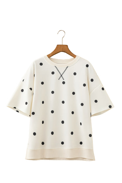 Beige Polka Dot Print Crossed Seam Detail Oversize Tee