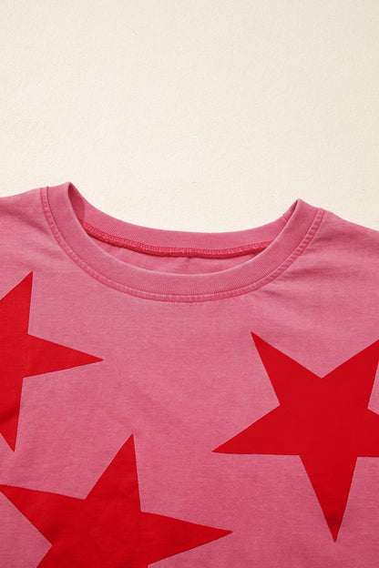 Red Independence Day Star Printed Mineral Wash T Shirt