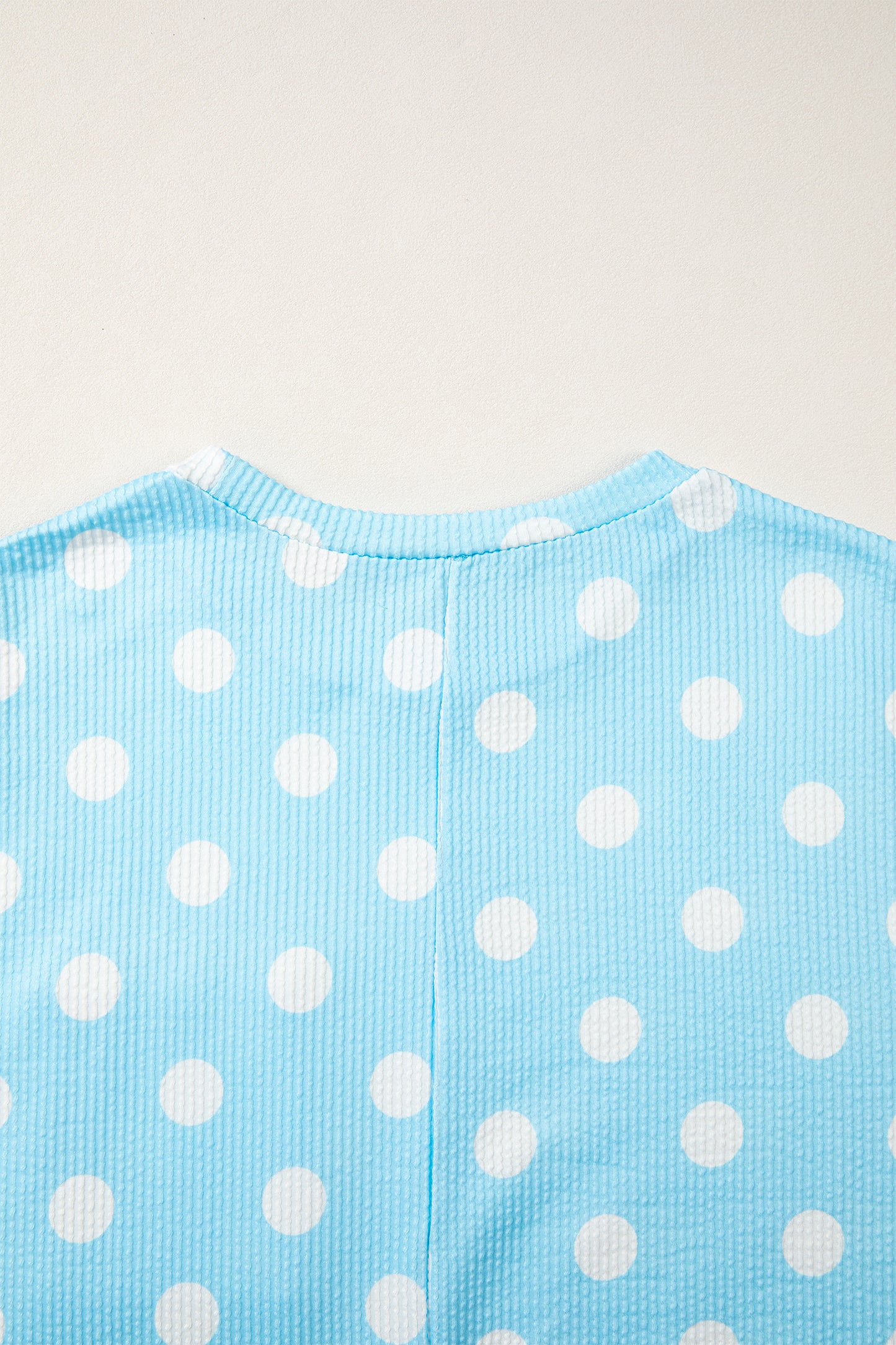 Sky Blue Polka Dot Round Neck Drop Shoulder Patch Pocket Jacquard Texture Top