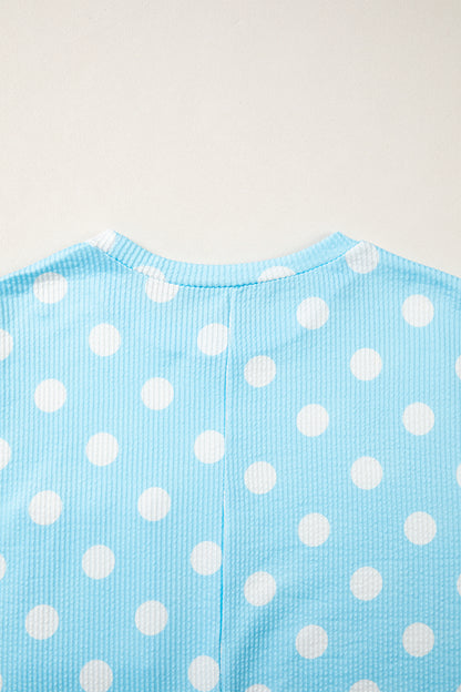 Sky Blue Polka Dot Round Neck Drop Shoulder Patch Pocket Jacquard Texture Top