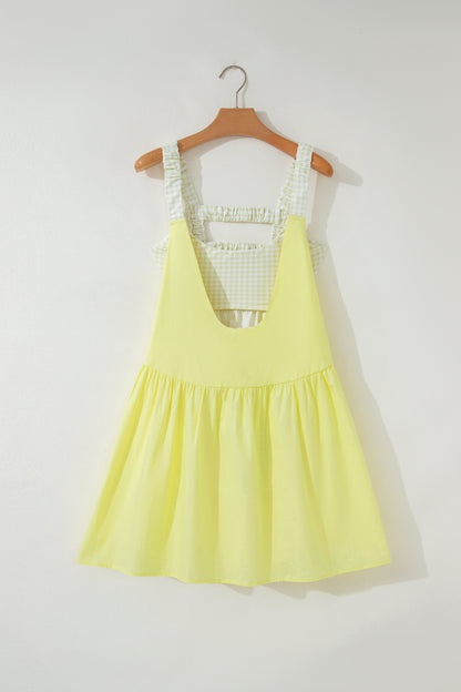 Yellow Cream Faux Two Piece Gingham Contrast Patchwork Loose Mini Dress