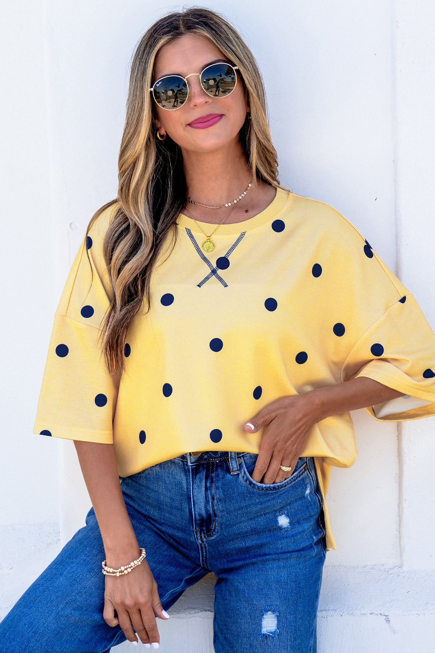 Beige Polka Dot Print Crossed Seam Detail Oversize Tee