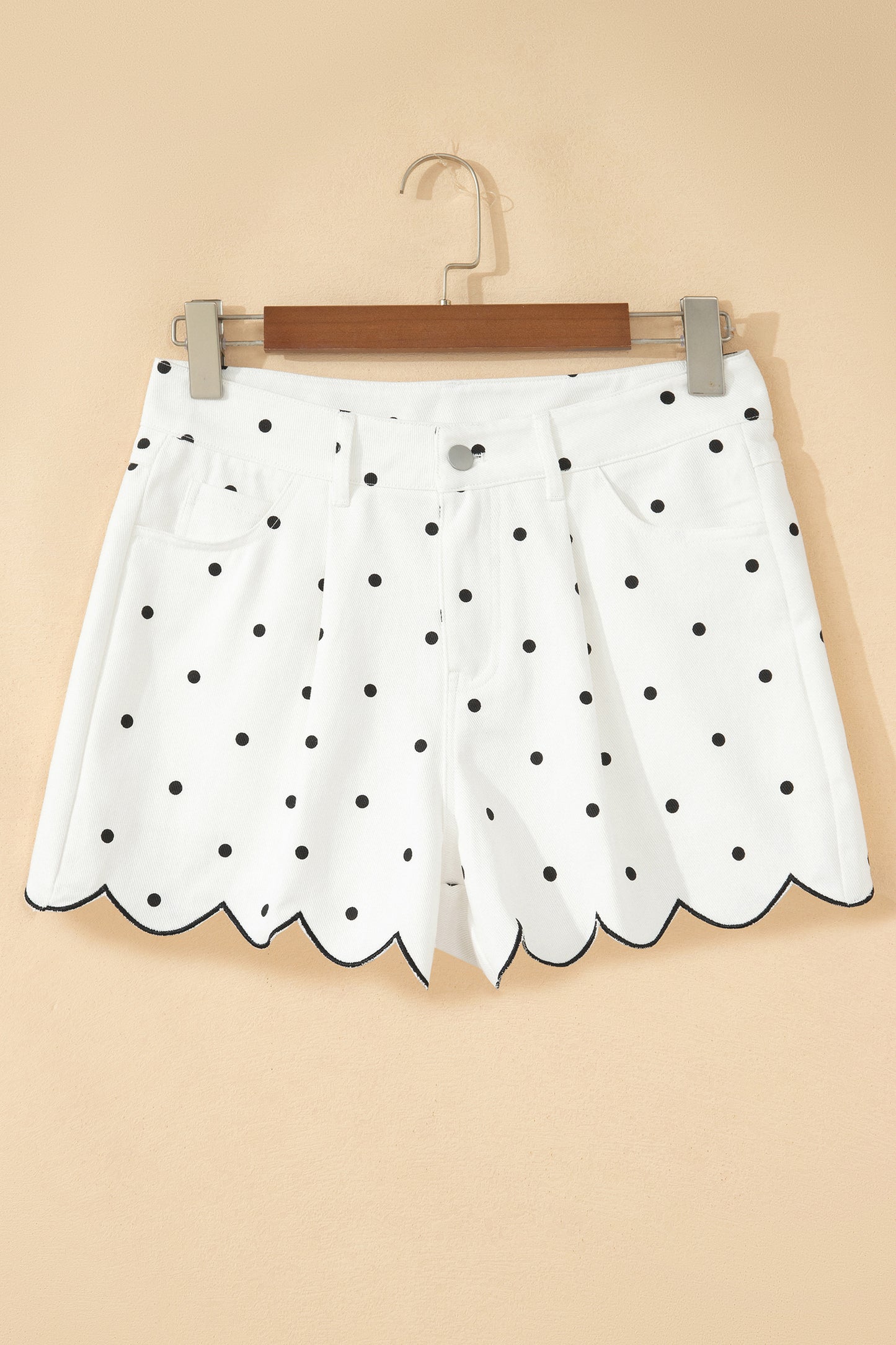 White Polka Dot Print Embroidered Scallop Hem Shorts