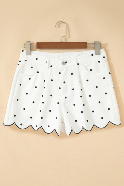 White Polka Dot Print Embroidered Scallop Hem Shorts