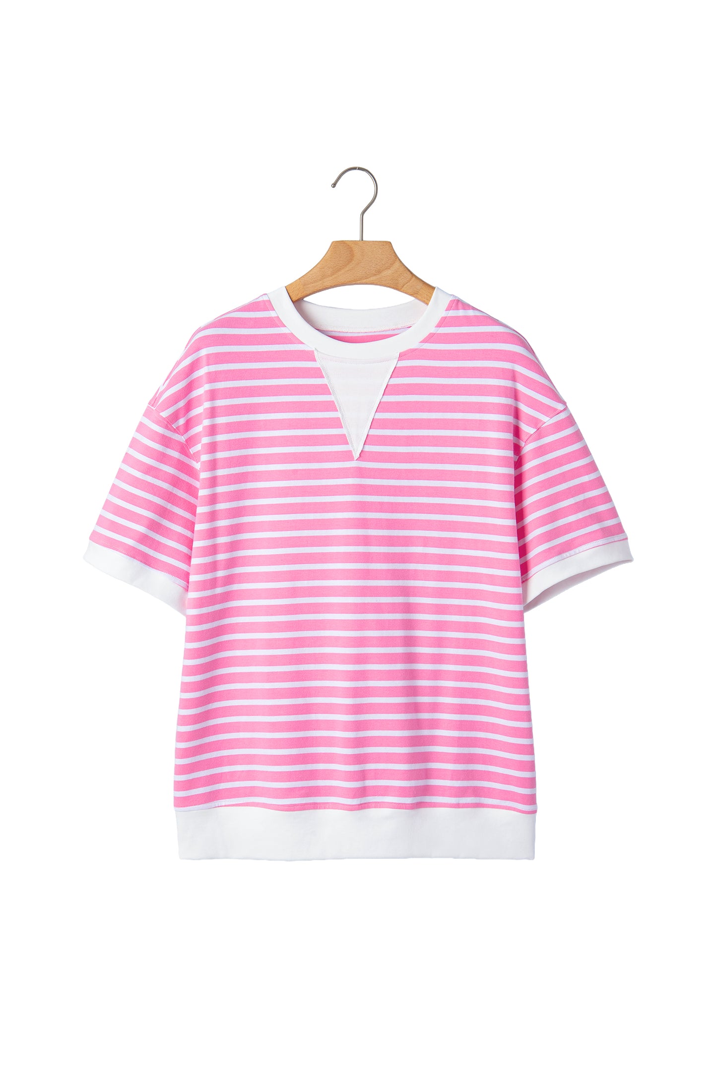 Pink Stripe Round Neck Drop Shoulder Short Sleeve Loose Top