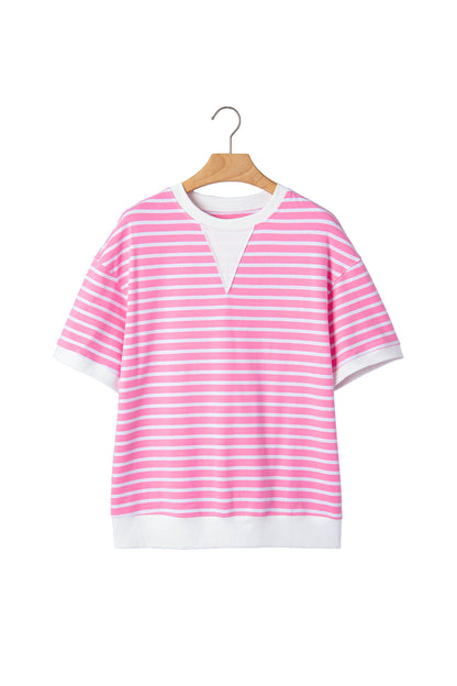 Pink Stripe Round Neck Drop Shoulder Short Sleeve Loose Top