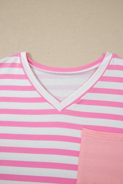 Pink Stripe Colorblock Patched Pocket V Neck Plus Size Tee