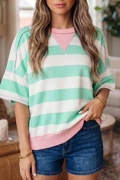Green Stripe Exposed Seam Ribbed Patchwork Oversized Tee