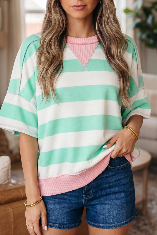 Green Stripe Exposed Seam Ribbed Patchwork Oversized Tee