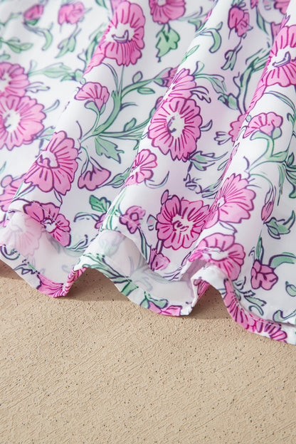 Pink Floral Print Striped Patchwork Bow Knot Straps Mini Dress