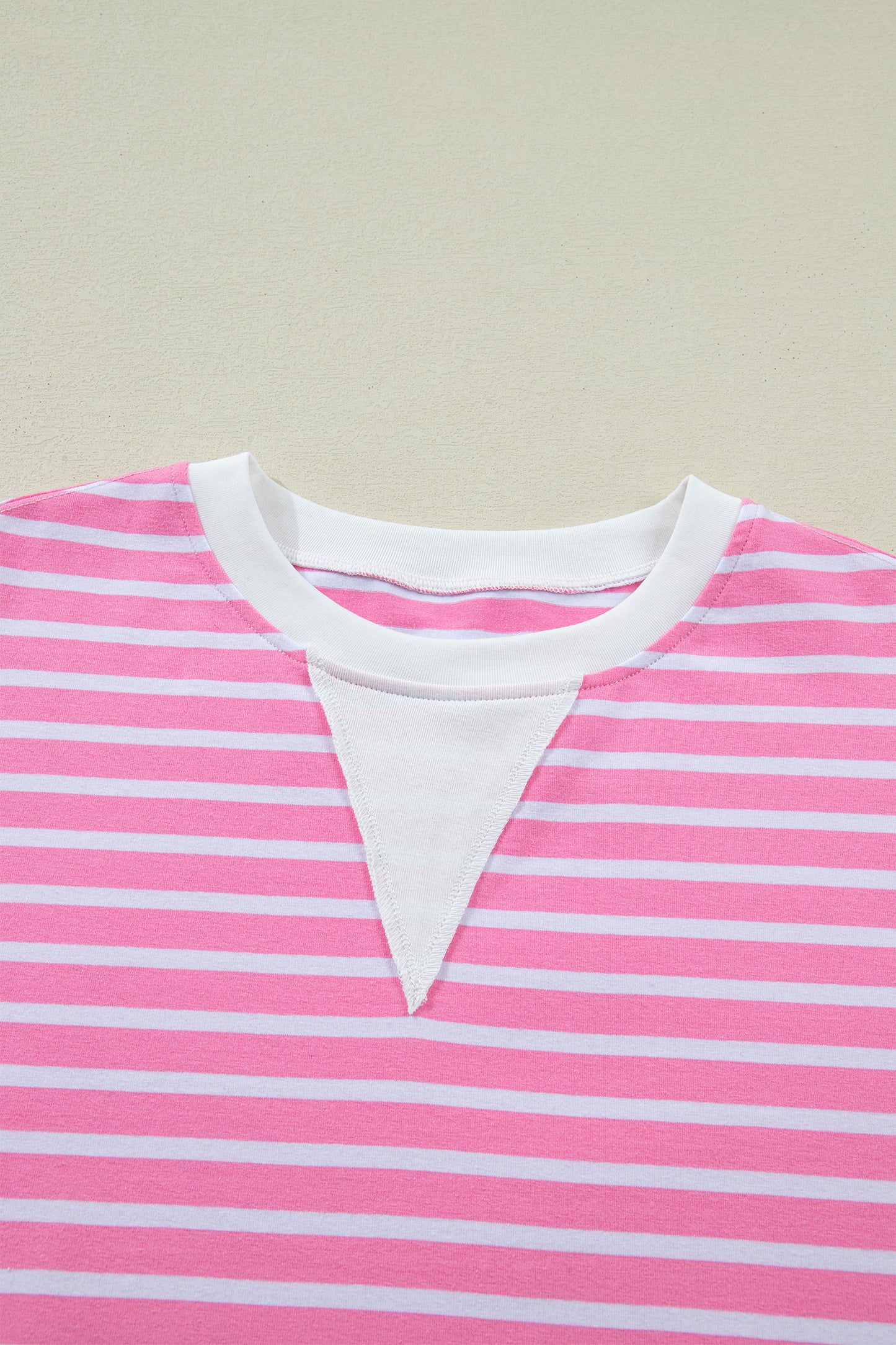Pink Stripe Round Neck Drop Shoulder Short Sleeve Loose Top