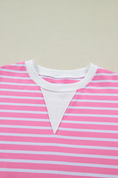 Pink Stripe Round Neck Drop Shoulder Short Sleeve Loose Top