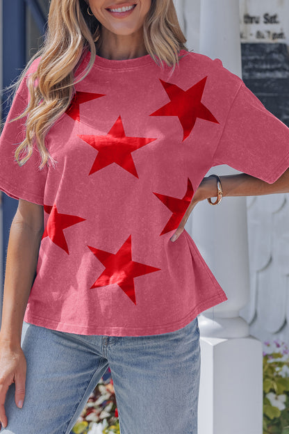 Red Independence Day Star Printed Mineral Wash T Shirt