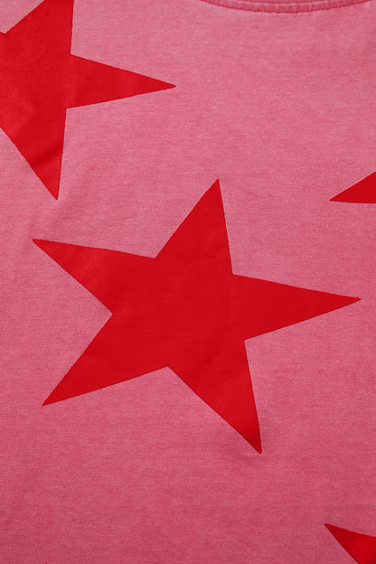 Red Independence Day Star Printed Mineral Wash T Shirt