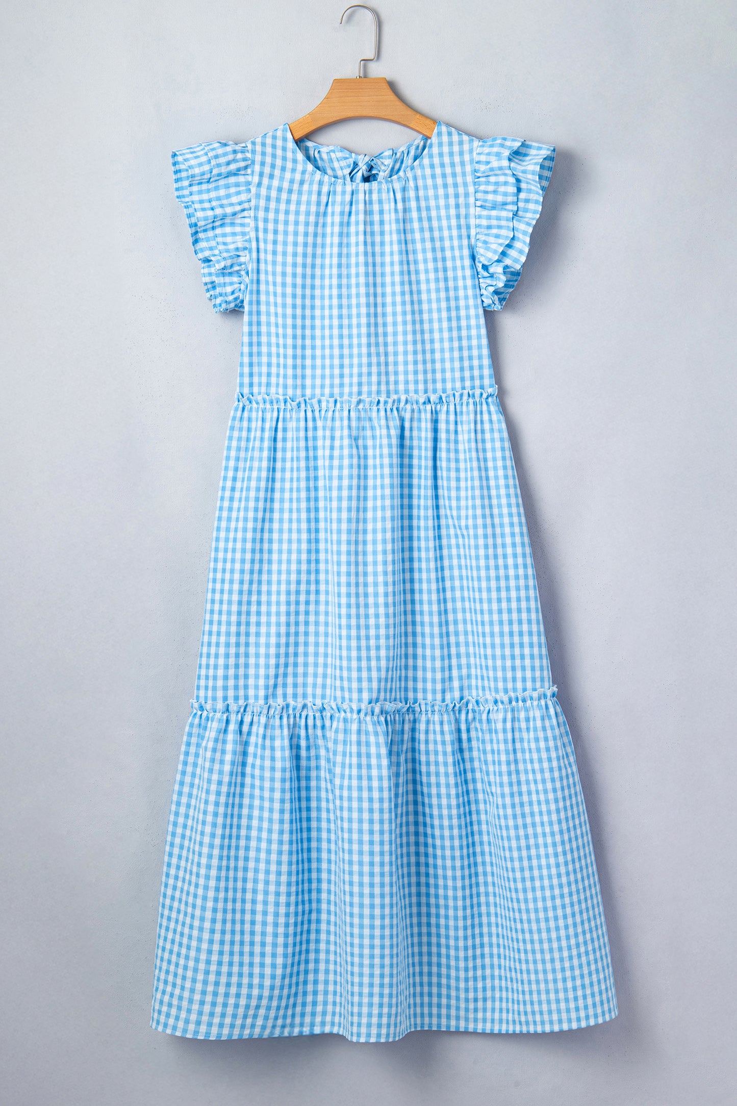 Sky Blue Knot Back Ruffled Short Sleeve Gingham Maxi Dress