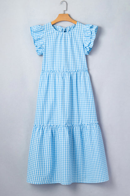 Sky Blue Knot Back Ruffled Short Sleeve Gingham Maxi Dress