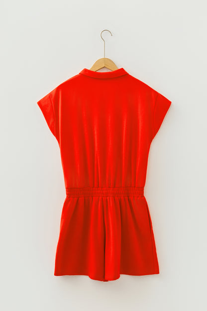 Tomato Red Half Zip Polo Tee Elastic Waist Romper