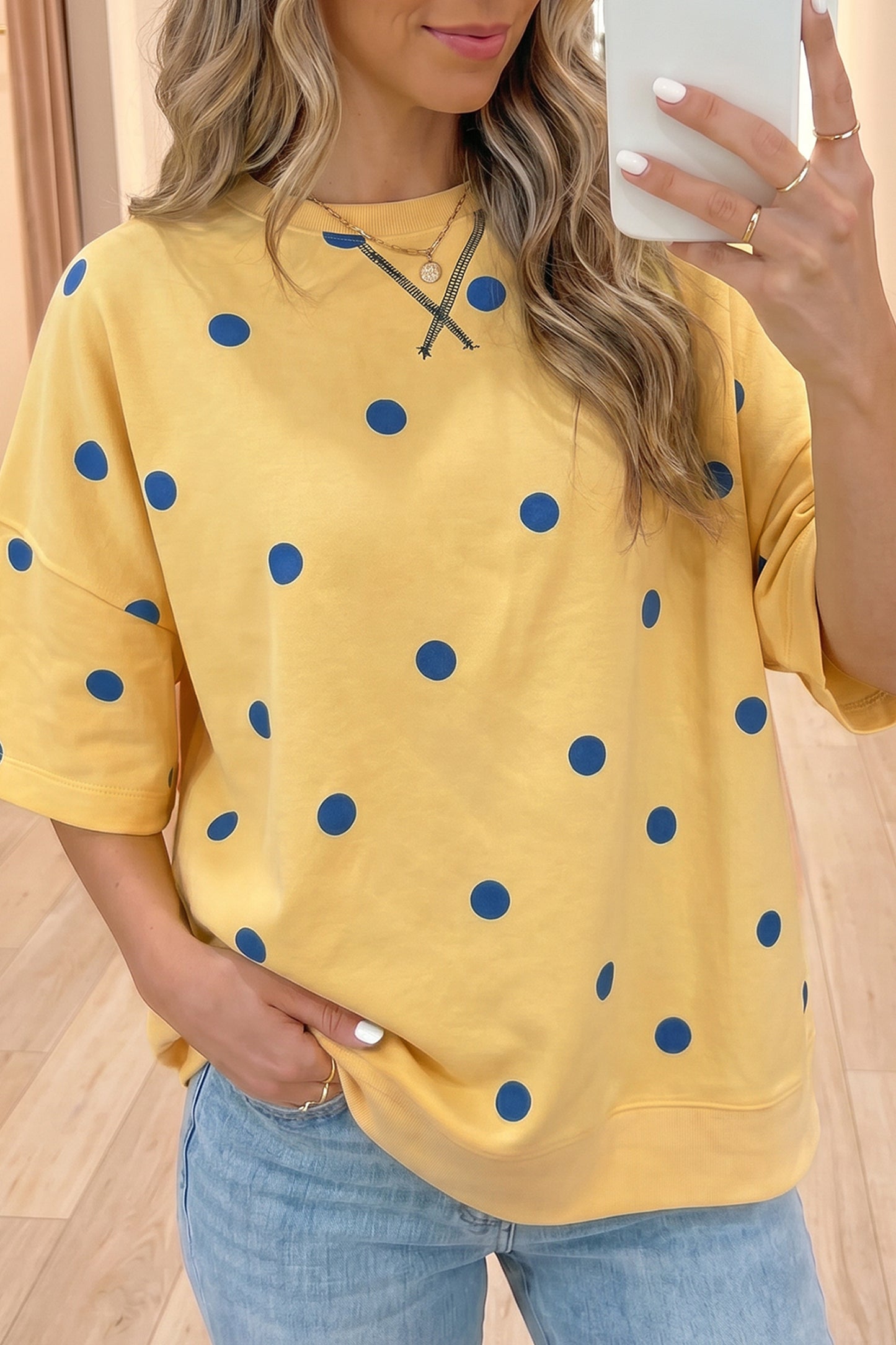 Beige Polka Dot Print Crossed Seam Detail Oversize Tee