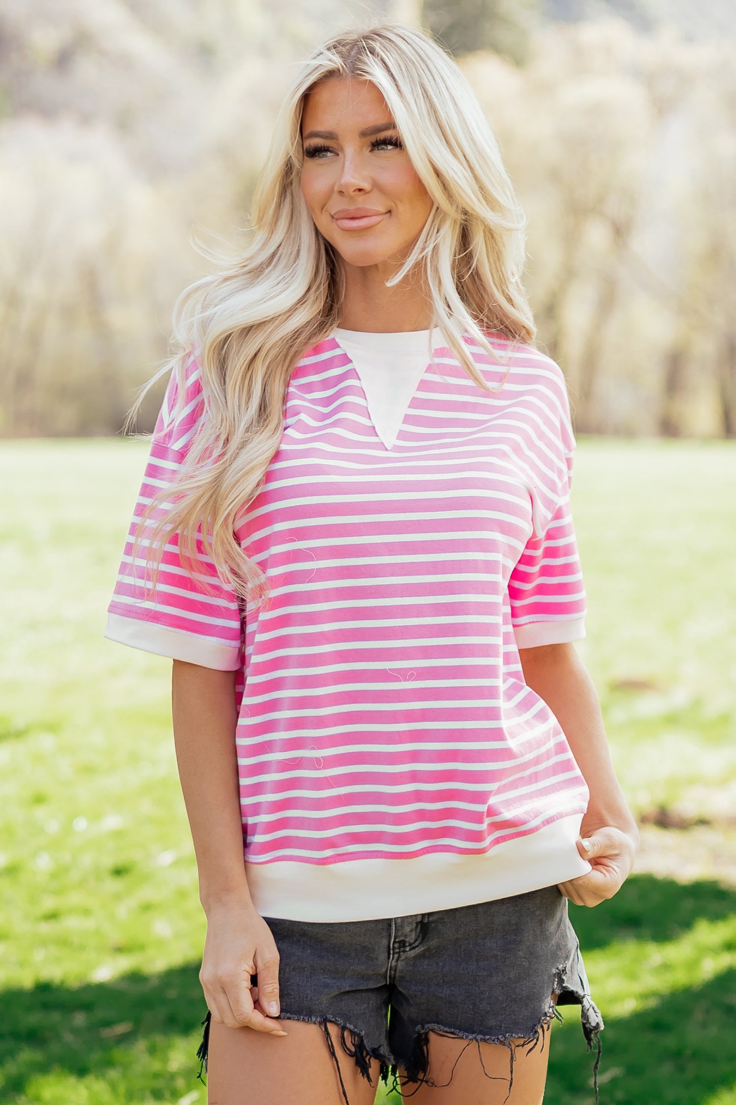 Pink Stripe Round Neck Drop Shoulder Short Sleeve Loose Top