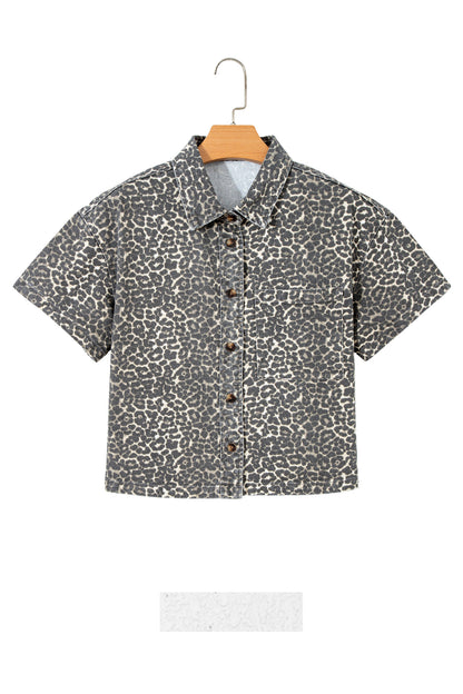 Gray Vintage Leopard Print Short Sleeve Loose Cotton Denim Shirt