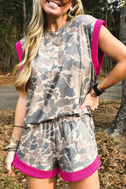 Multicolour Camouflage Contrast Trim Loose Tank Shorts Set