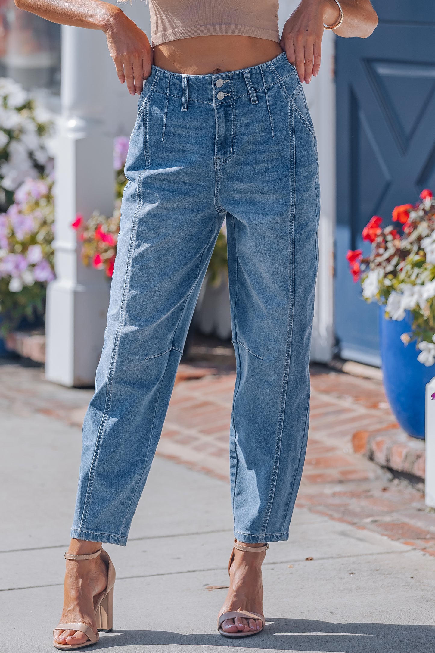 Sky Blue Medium Wash Cuffed Barrel Jeans