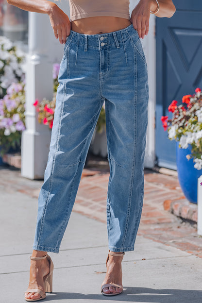 Sky Blue Medium Wash Cuffed Barrel Jeans